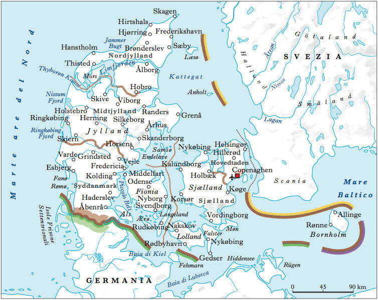 Cartina geografica della Danimarca. Map of Denmark - carta o mappa. La capitale  Copenaghen