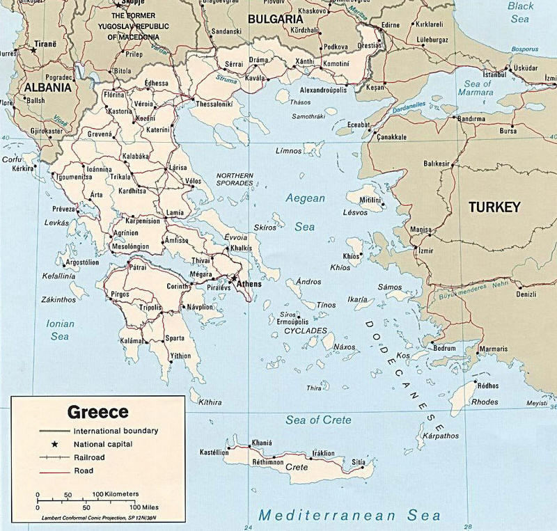Cartina geografica della Grecia. Map of Greece - carta o mappa. La capitale  Atene