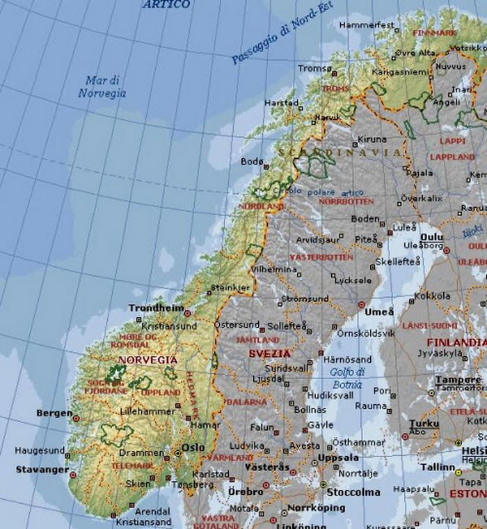 Cartina geografica della Norvegia - La capitale  Oslo Mappa - Carta