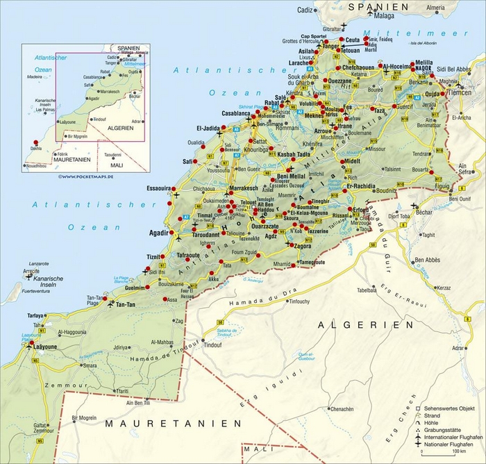 Cartina geografica Marocco - capitale Rabat - Mappa - Carta