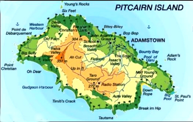Cartina geografica mappa - Isola Pitcairn Carta capitale Adamstown