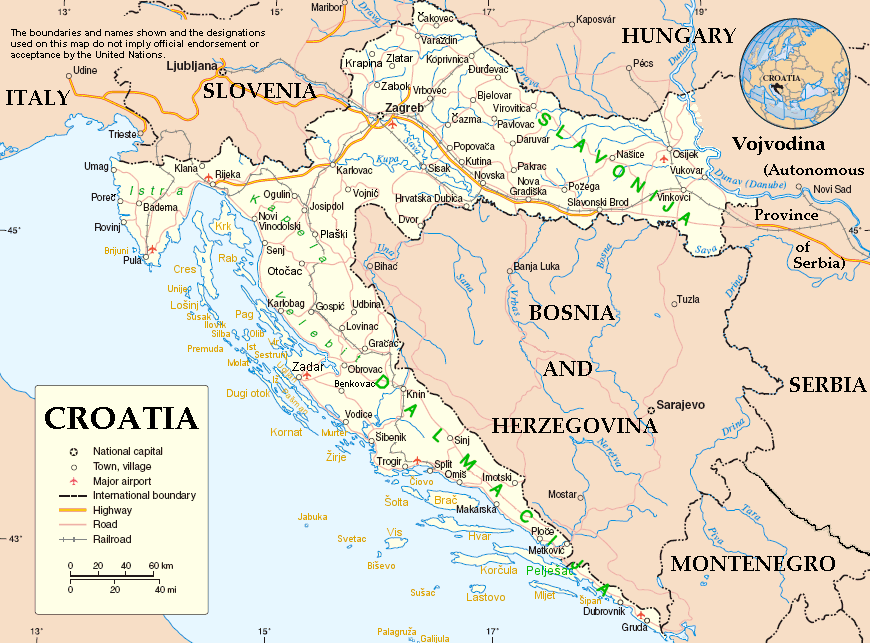 Cartina geografica della Croazia. Map of Croatia - carta o mappa. La capitale è Zagabria