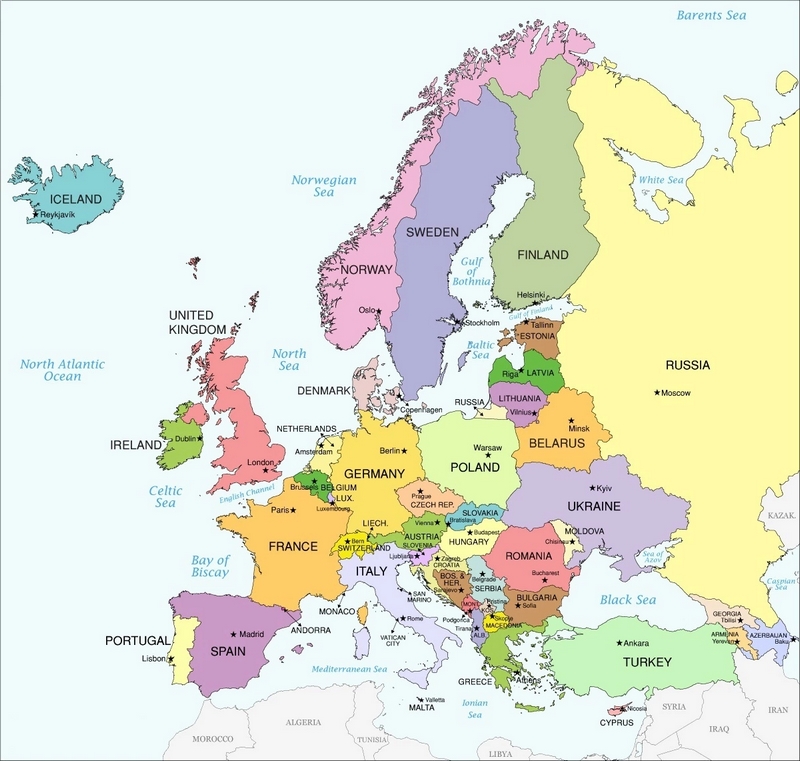 Cartina geografica dell'Europa. Mappa o Carta Europea