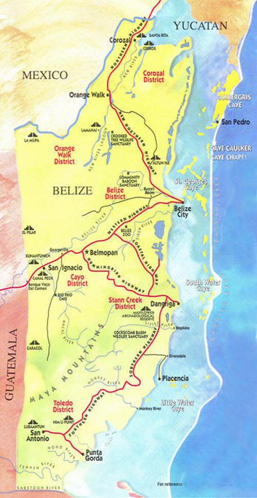 Cartina geografica del Belize. La capitale  Belmopan - Mappa - Carta