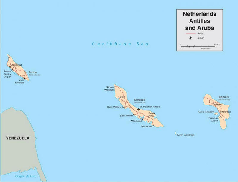 Cartina geografica delle Isole Antille Olandesi Mappa - Carta map of Netherlands Antilles Islands