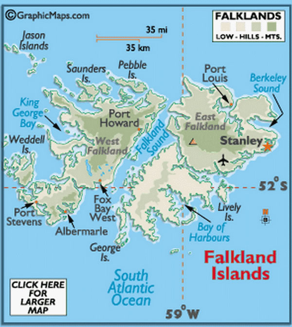 Cartina geografica delle isole falklands - Mappa - Carta - capitale Port Stanley