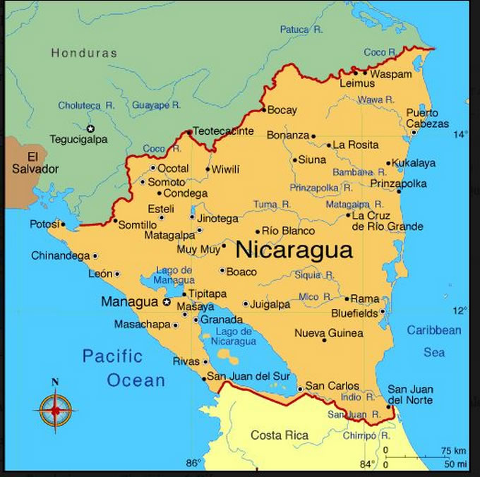 Cartina geografica del Nicaragua - Carta o mappa. Capitale Managua
