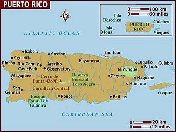 Cartina geografica map dell'isola di Portorico Mappa - Carta capitale San Juan